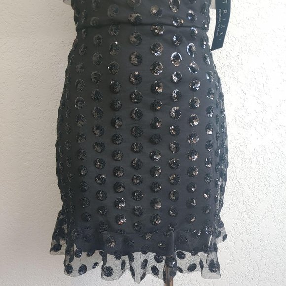 NWT Trixxi Sequined Flounce Sequin Polka Dot Black Mini Party Dress 1 Junior - Picture 6 of 8